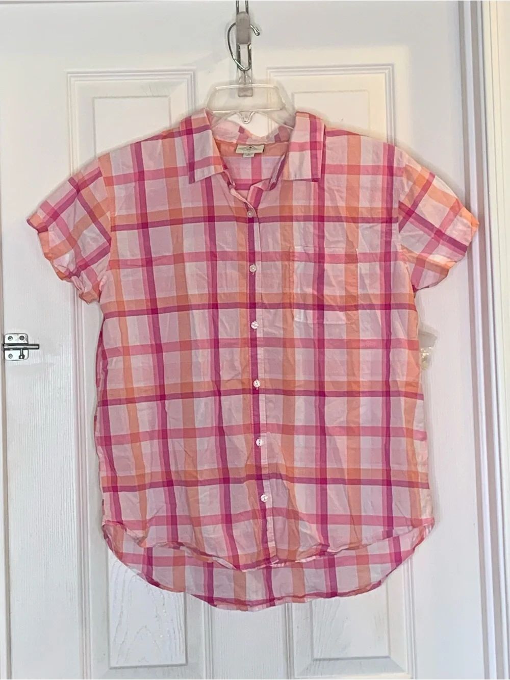 St John’s Bay Pink Plaid Button Down Short Sleeve Shirt Size Large
